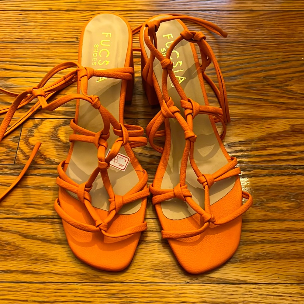 Orange block heel sandals tie up